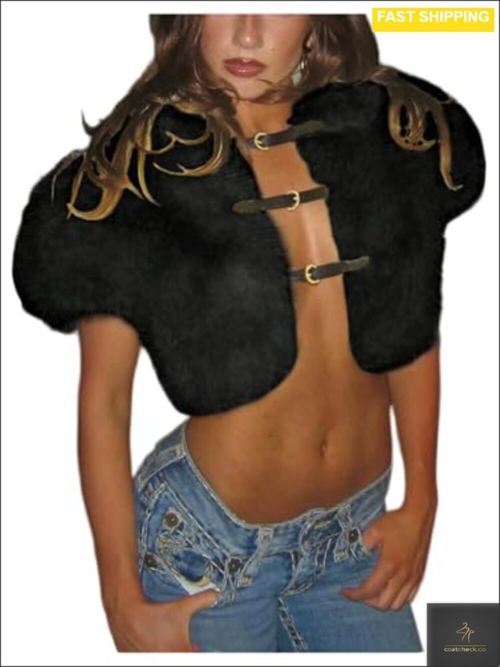 Faux Fur Crop Top Coat Short Sleeve Buckle Aviator Going Out Y2K Jacket